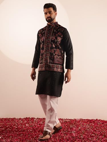 Image of SOJANYA Men's Silk Blend Black Kurta & White Pyjama With Velvet Paisley Design Nehru Jacket