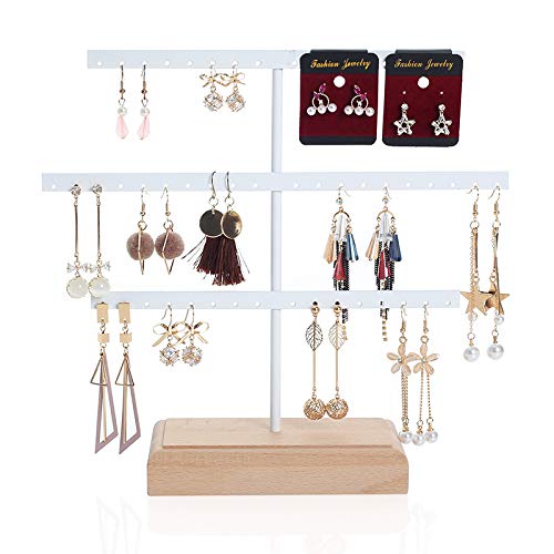 Koomiao Présentoir, Support Boucles d'oreilles Etagère 3 Couches, Arbre à Bijoux en Métal et Bois Porte Bijoux pour Colliers Bracelets (52 Trous) (Blanc) Cover