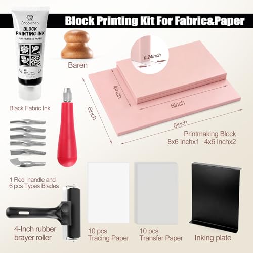 Image of Bobblebro Linocut Kit for Printmaking - Fabric Block Printing Kit with 2.6 oz Fabric Ink for Fabric and Paper, Stamp Making Kit & Carving Tools - Arts and Crafts for Adults - DIY Back to School Gift