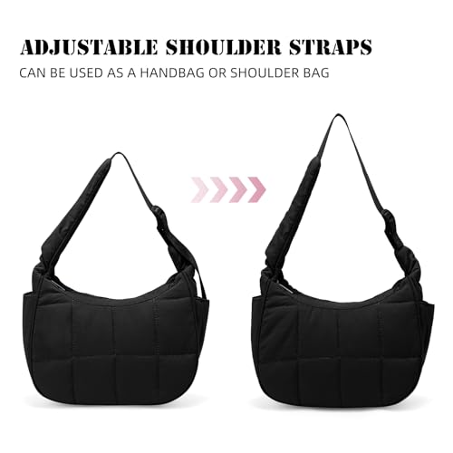 Image of Small Puffer Crescent Underarm Shoulder Bag for Women, Nylon Quilted Purses Handbags with Adjustable Strap, Black
