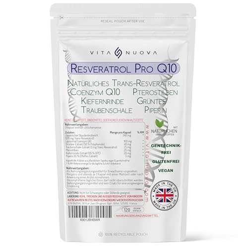 Resveratrol Pro Q10 Anti-Aging-Formel – Trans-Resveratrol, Coenzym Q10, Pterostilben, Kiefernrinde, Grüntee, Weintraubenhaut, Piperin – Aufgeteilte Dosierung (120 Kapseln - Beutel)
