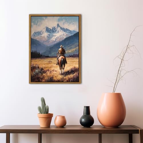 Image of Cowboy Wall Art Vintage Western Decor for Home Cowboy Horse Canvas 12x16 inch | Rustic Western Farmhouse Country Wall Decor Fall Western Mountains Landscape Prints for Living Room Bedroom Home Office Decor