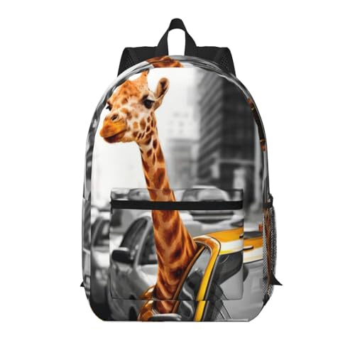 Sac à dos de voyage noir avec grande poche compartimentée motif girafe 43 cm