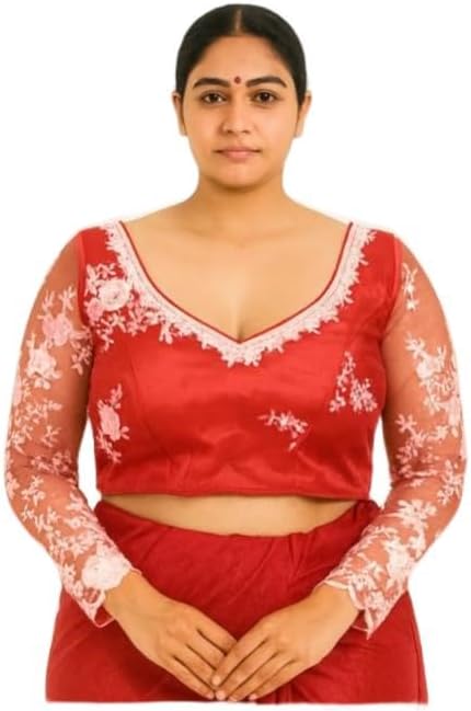 Red Cotton Silk Blouse with White Floral Embroidery, Sheer Net Sleeves, V-Neck, Back Tie-Up Design