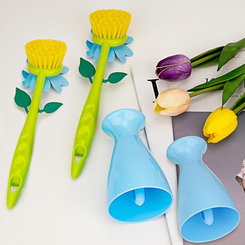 Image of Long Handle Flower Pot Brush, Florganic Dish Brush with Vase, Long Handle Dish Brushs Kitchen, for Cleaning Pot Pan Sink Kitchen Supplies Decorative Vase (Blue)