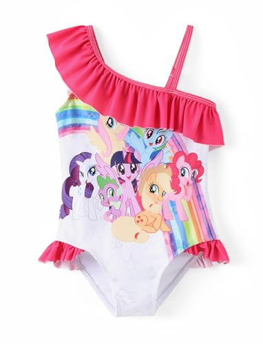 My Litle Pony One Piece Swimsuit Pony Print Off-Shoulder Ruffle Summer Swimwear Beach Pool Kids, Pink, 2‑9 Years