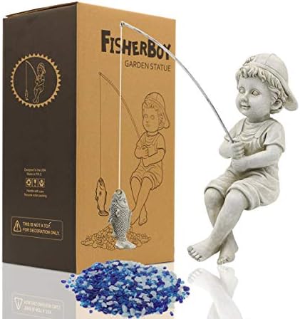 Goodeco Fisherboy Statue Garden Decor - 5.1×11" Little Fishing Guy for Koi Pond or Waterfalls, Poolside Statue with Glow in Dark Pebbles Included, Great Gifts for Mom, Women or Birthdays, Gift Ideas