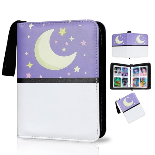 Collectible Trading Card Albums 4 Pocket Card Binder 400 Double Sided Pocket PU Premium Zip Trading Card Binder for TCG MTG Sports Cards (Purple White)