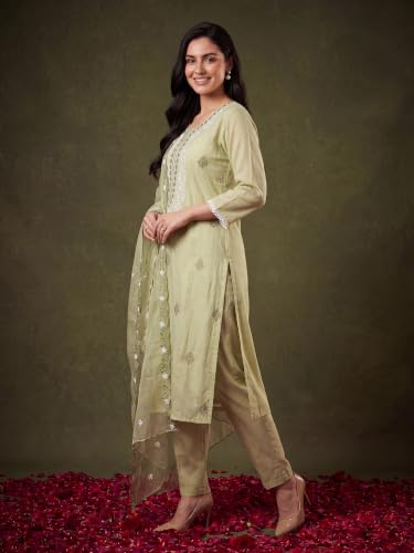 Image of INDO ERA Women's Silk Blend Embroidered Thread Work Kurta & Pant with Dupatta Set | Suit Set For Women
