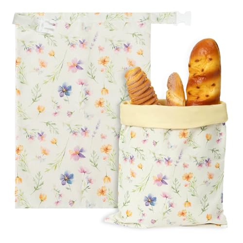 GQIRIL Reusable Beeswax Bread Bags - 2 Pack Bees Wax Food Bag, Homemade Sourdough Bread Storage, 2-in-1 Linen Cotton Large Freezer Container Home Baking Accessories with Lining (Wildflower)