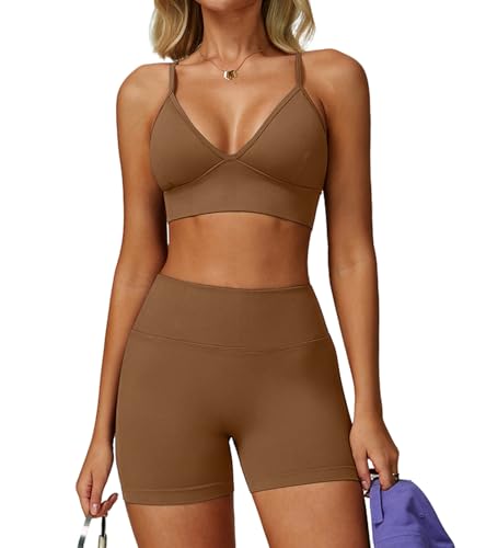JTSONN Ensemble de Sport pour Femme Gym Jersey Côtelé Tenue à Bretelles Yoga Fitness Vêtements de Sport Soutien-gorge à Encolure en V et dos nu Combiné...