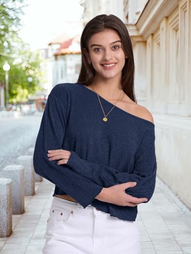 Image of Womens Long Sleeve Crop Tops Off Shoulder Cropped Shirts Loose Casual Y2k Tops Basic Tees Fall Sweaters for Women