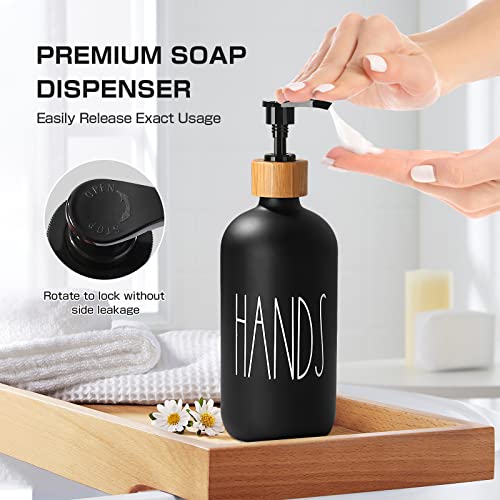 ALPIRIRAL Black Bathroom Accessories, 5 Pcs Glass Bathroom Accessory Set with Bamboo Tray, Soap Dispenser and Toothbrush Holder Set, Qtip and Cotton Ball Holder, Farmhouse Boho Bathroom Set Complete
