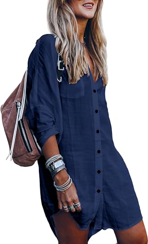 Image of POGTMM Women's Swimsuit Cover Up 3 /4 Sleeve Button Down Shirt Dress