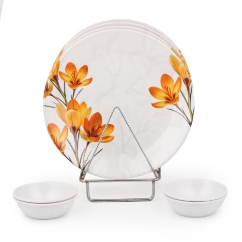 Image of Golden Fish Melamine Round Dinner Plate & Bowl Set of 8 (4 Plates + 4 Veg Bowls) | Yellow Leaf Print | Unbreakable, Dishwasher & Microwave Safe
