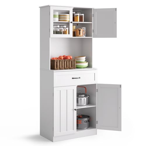 Blishom Küchenschrank, Buffetschrank mit Schublade, Küchenschrank mit Arbeitsfläche, Vorratsschrank mit verstellbaren Einlegeböden, Glastüren, Kabelloch, für Küche und Esszimmer, 180x73x41 cm, Weiß