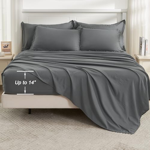 Image of Andency Dark Grey Full Size Comforter Set with Sheets - 7 Pieces Boho Tassel Bed in a Bag Soft Lightweight Bedding Sets, Dark Grey Fringe Bed Set with Comforter, Sheets, Pillowcases & Shams