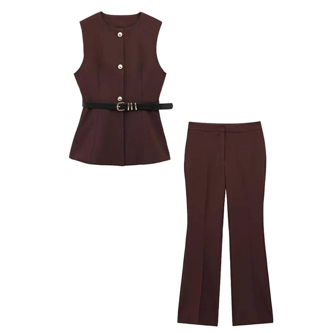 Women Thin Summer Suit Solid Crew Neck Single-Breasted Vest Top High Waist Zipper Pocket Slim Long Pants