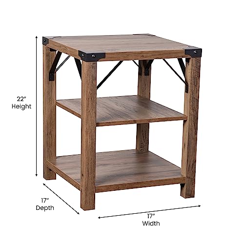 Flash Furniture Wyatt Modern Farmhouse 3 Tier Side Table - Rustic Oak Engineered Wood Frame - Black Metal Crisscross Side Braces And Corner Accents #TOP2