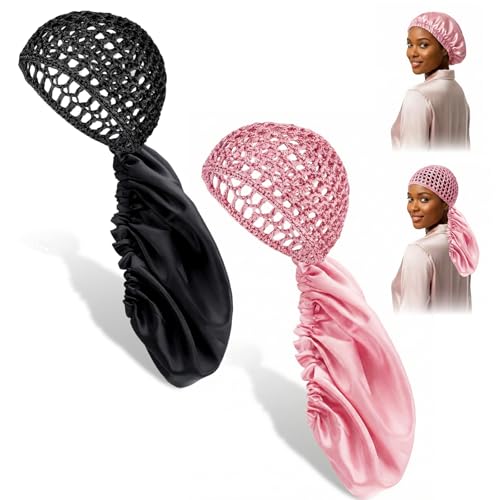 2 Pack 2 In 1 Wrap Cap Bonnet Reversible Silk Press Wrap Cap Curly Hair Bonnet for Sleeping Adjustable Double Layered Braid Protection Hair-Wrap Caps Elastic Net Long Hair Silk Press Set