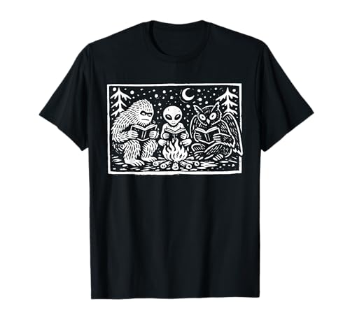 Vintage Bigfoot Alien Owl Reading Books Bookworm T-Shirt
