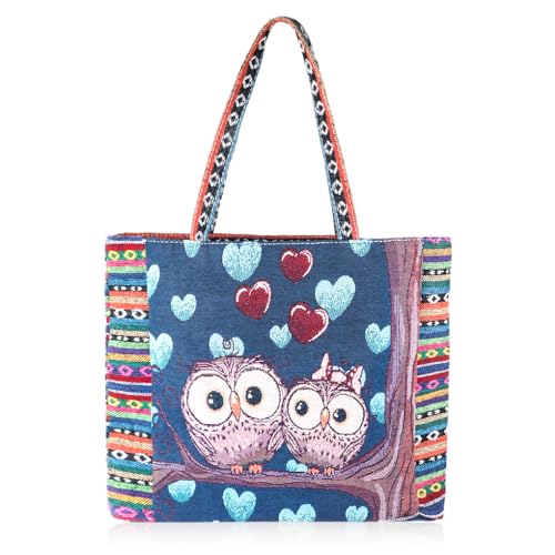 Oyachic Damen Umhängetasche Eule Canvas Handtasche Hobo Schultertasche Frauen Stickerei Vintage Shopper Tote Bag für Arbeit Reisen College Einkaufen Schule