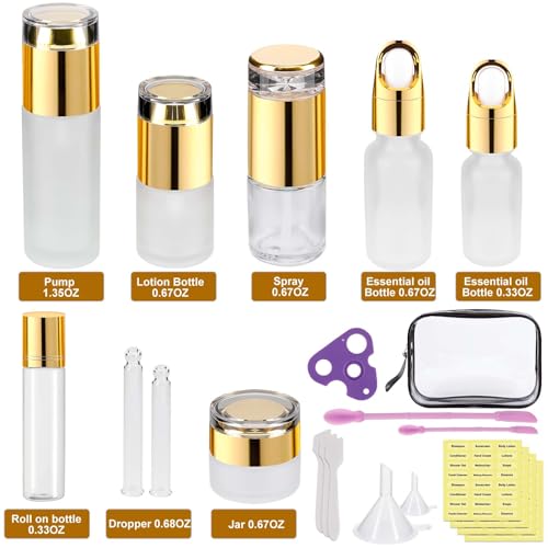 KOUWICH 30 Pack TSA Approved Glass Travel Skincare Containers, 1.3/1/0.7/0.3oz Refillable Traveling Size Containers with Pump, Jars & Essential Oil Bottle in Clear Zip Bag, Leak-Proof for Creams & Liquids