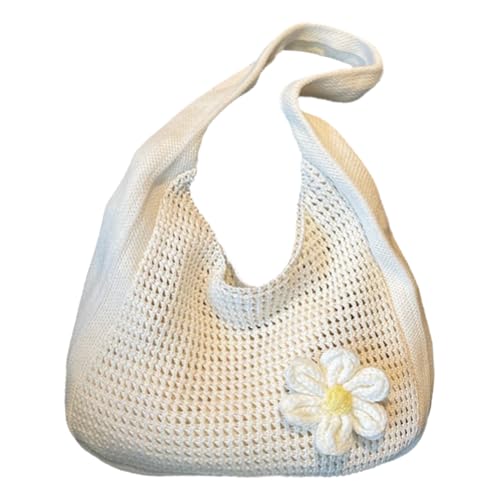 Floral Crochet Shoulder Bag Casual Hollow Out Knit Tote for Women(Apricot)