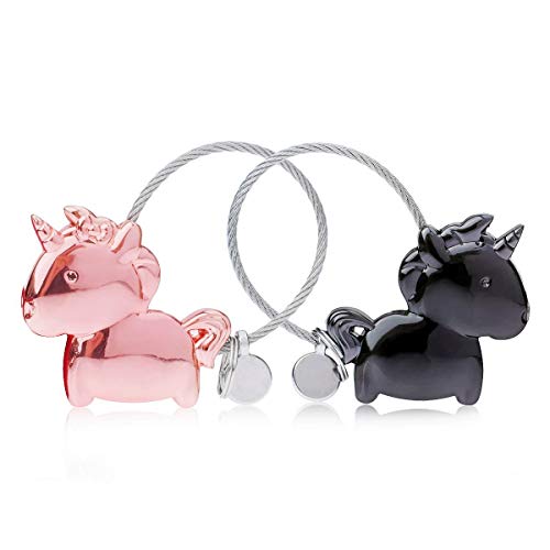 Foto von DOJoykey Liebhaber-Schlüsselanhänger, 1 Paar Einhorn-Schlüsselanhänger mit magnetischem Mund, Schlüsselanhänger aus Zinklegierung, Geschenk für Paarliebhaber, Farbe Schwarz und Roségold
