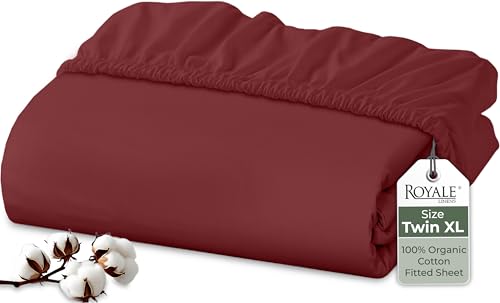 Image of Royale Linens 100% Organic Cotton Fitted Sheet - Percale Weave - Super Soft Deep Pocket Bottom Sheets - Elastic Sheet Twin XL Size - Twin XL Fitted Sheets Only - (39 inchx80 inch+15 inch, Red)