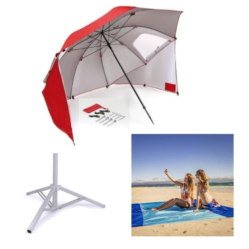 Beach Umbrella Tent Sun Shade Shelter 2.4m SET Beach Mat and Stand Inc. Portable, UPF 50+ UV Protection 2-4 person, beach, garden, fishing, camping (Red)