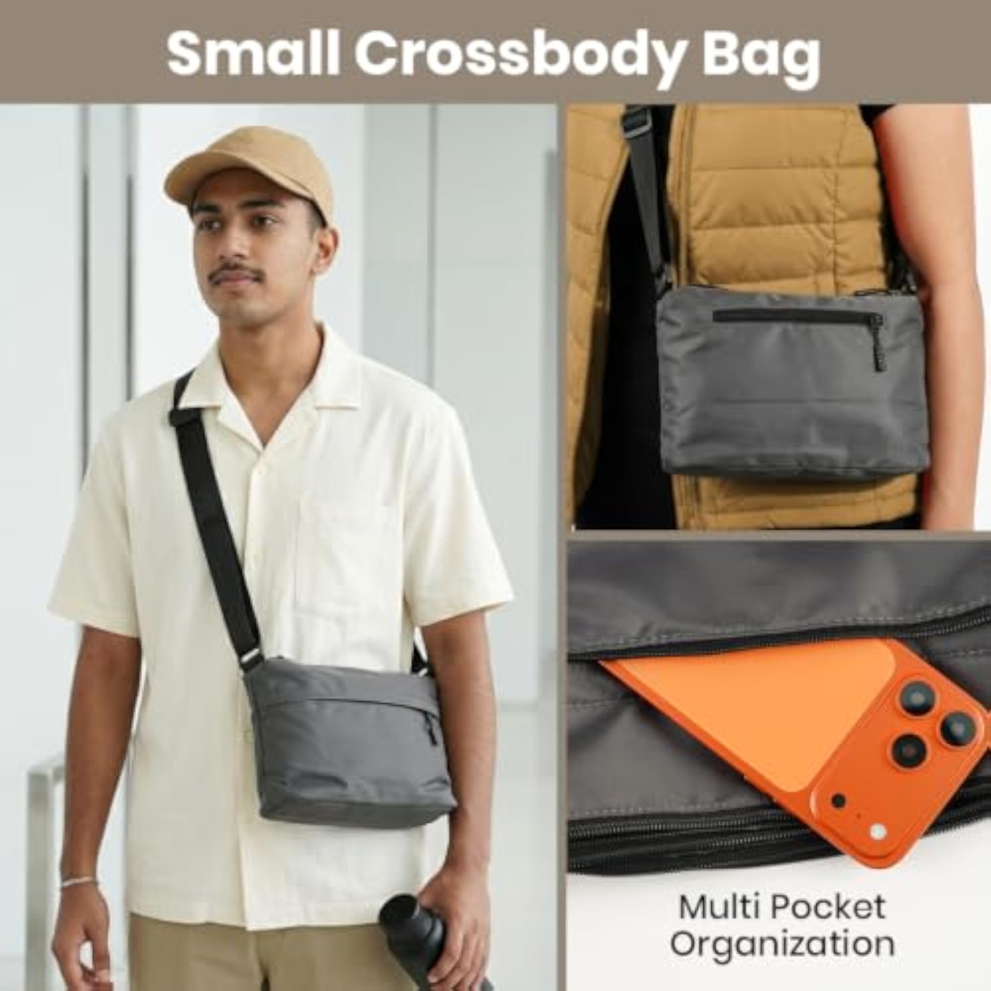 Men's Grey Nylon Side Bag with 130cm Strap