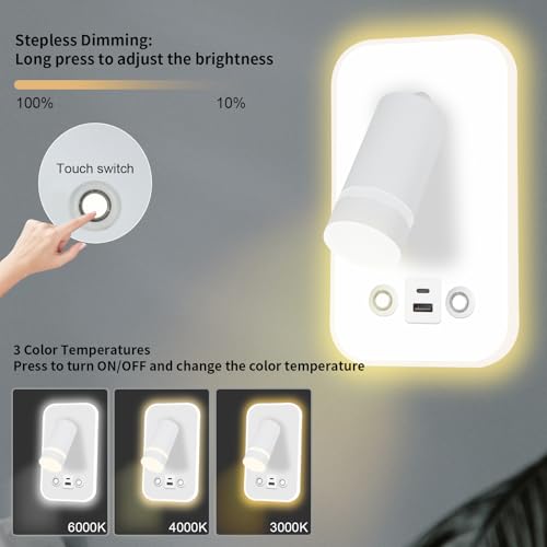 HUIZHOU Reading Lamp Wall Mounted LED Wall Lamp Touch Control 3 Color Temperatures and 12W USB Charging Port 350° Rotating Bed Reading Light Living Room and Bedroom (Rectangle White) - Image 2