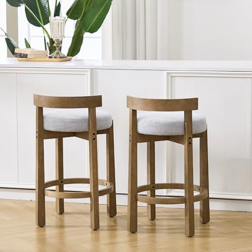 Image of CIMOTA 26.5 inch Counter Height Bar Stools Set of 4, Mid Century Modern Low Back Bar Chairs with Solid Wood Legs & Linen Upholstered Seat, Kitchen Island Stools, Light Grey