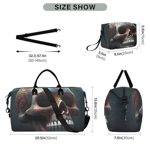 Large Travel Duffel Bag, Mexican Skull Model Sports Tote Gym Bag, Shoulder Weekender Overnight Bag for Women Men, Carry On Luggage with Toiletry Bags3