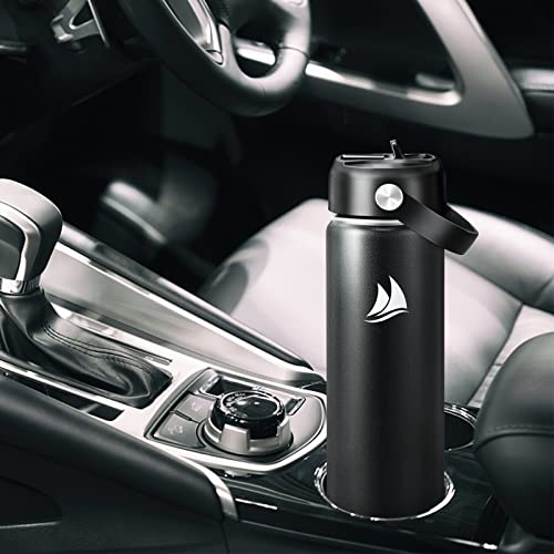 Waipfaru 24Oz Water Bottle - Stainless Water Bottle With 2 Lids & 2 Straws, Insulated Water Bottles Keep Hot And Cold, Wide Mouth Sports Water Bottle For Hiking Biking Sport, Black #TOP5