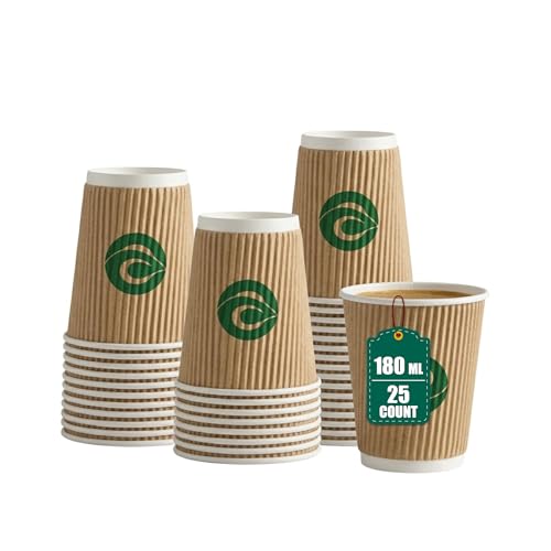 Image of ECO SOUL | Paper Ripple Cups for Hot Drinks | 180 ml - Pack of 25 | Premium-Quality, Leak-Resistant, & Durable | Triple-Layer Ripple-Wall Disposable Coffee Cups for Tea & Hot Beverages (Brown)