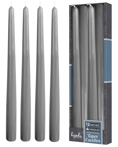 Hyoola Tall Taper Candles - 12 Inch Dark Grey Unscented Dripless Taper Candles - 10 Hour Burn Time - 4 Pack