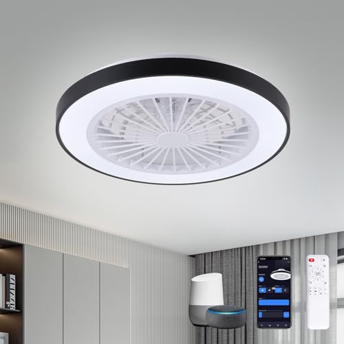 Smart Ceiling Fans with Lights Compatible with Alexa and Google Assistant Black Low Profile Ceiling Fan with Light and Remote & APP Control Reversible DC Motor, 6 Speed,Dimmable Ceiling Fan