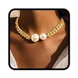 TWINKLEDE Gold Pearl Choker Necklace Chunky Cuban Link Necklaces for Women