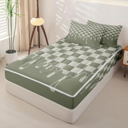 Image of Beige Sage Green Checkered Soft Zipper Bedding Set Twin,Skin-Friendly Checkerboard Drip Quilted Comforter with Fitted Sheet & Pillowcases,Grunge Aesthetic Geometric Lightweight All Season Bed in a Bag