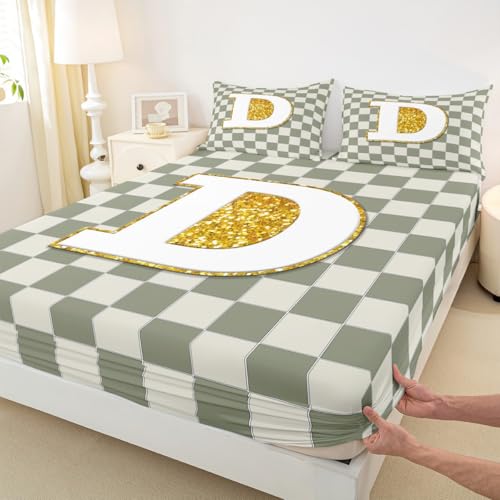 Image of Erosebridal Sage Green Checkered Bed Sheets Full Plaid Initial D Sheet Set Personalized Monogram Bedding Set for Kids Boys Girls,Fashion Grids Gingham Fitted Flat Sheets 4 Piece