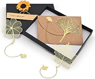 Mardiko Pendant Metal Bookmark, 3 Pcs Classical Leaf Book Mark with Box, Personalised Bookmarks for Women Men Teacher Children Reader, Gold
