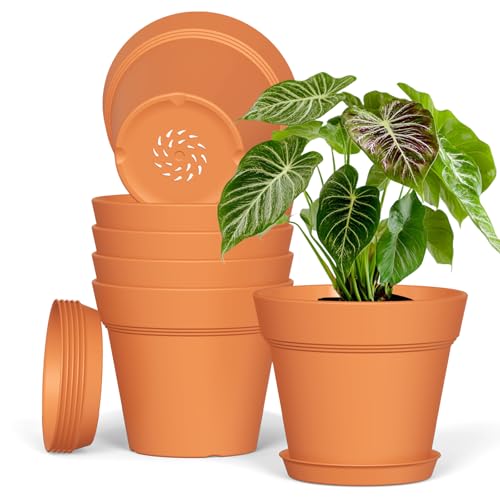 Plastic Plant Pots Indoor Outdoor, 6 Pack 7Inch/17.7CM Plant Pots Flower Pot with Drainage Holes and Tray,Modern Decorative Planter Pot for All House Plants(Terracotta)