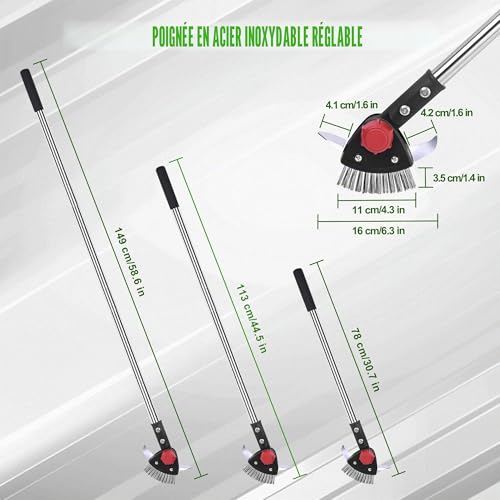 BARAYSTUS Désherbeur de fissures réglable 3 en 1 avec long manche, comprend une brosse à mousse et 2 grattoirs en acier inoxydable pour enlever les mauvaises herbes et la mousse des joints de panneaux – vue 3