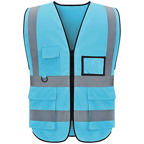 Reflective Safety Vest High Visibility Vest, Multi-Pockets, Zipper Front(M,light blue)