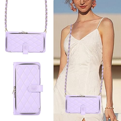 Étui portefeuille Samsung A14 4G avec fermeture éclair et bandoulière violet