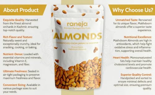 Image of Raneja Pure California Almonds /Badam Whole 250g, 100% Natural Real Nuts & Dry Fruit Freshly Cleaned and Cleared, High in Fiber, Badam Giri, Rich in Protein, Magnesium, Phosphorus and Dietary Fibre