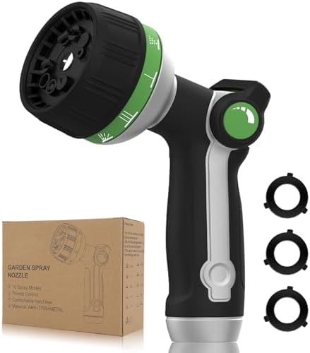 Garden Hose Nozzle Heavy Duty,Metal Water Hose Nozzle with 10 Adjustable Spray Patterns, High Pressure Hose Sprayer Nozzle Thumb Control On Off Valve for Lawn & Plant Watering, Car & Pet Washing