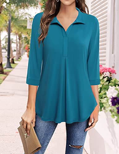 Youtalia Womens Work Blouses And Tops Professional, Ladies Collared Shirts Dressy Casual 3/4 Sleeve Tunic Blouses For Women Business Casual Tops Spring Solid Color Blouses Shirts Blue Coral Medium #TOP1